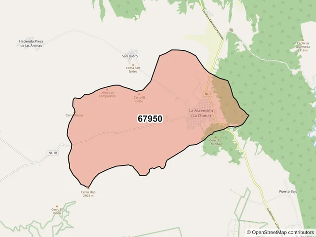 Mapa del código postal 67950, Aramberri, Nuevo León