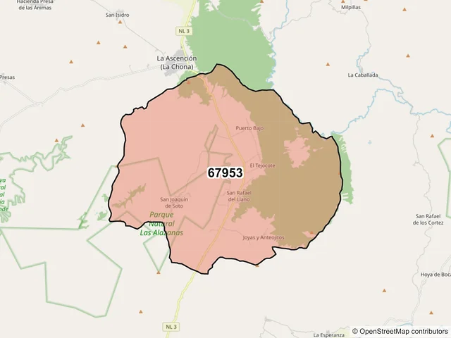 Mapa del código postal 67953, Aramberri, Nuevo León