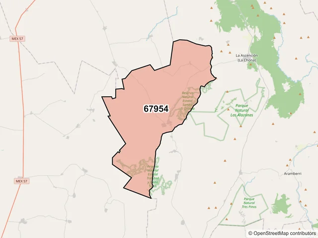Mapa del código postal 67954, Aramberri, Nuevo León