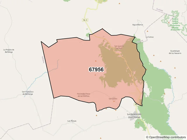 Mapa del código postal 67956, Aramberri, Nuevo León