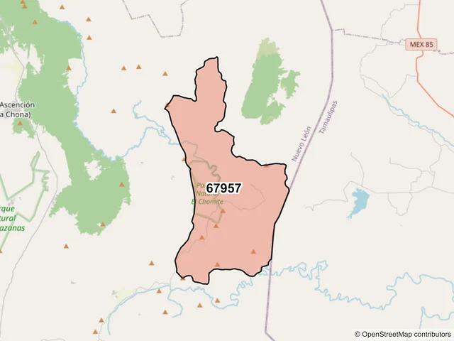 Mapa del código postal 67957, Aramberri, Nuevo León