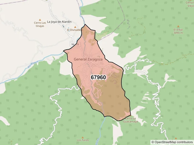 Mapa del código postal 67960, General Zaragoza, Nuevo León