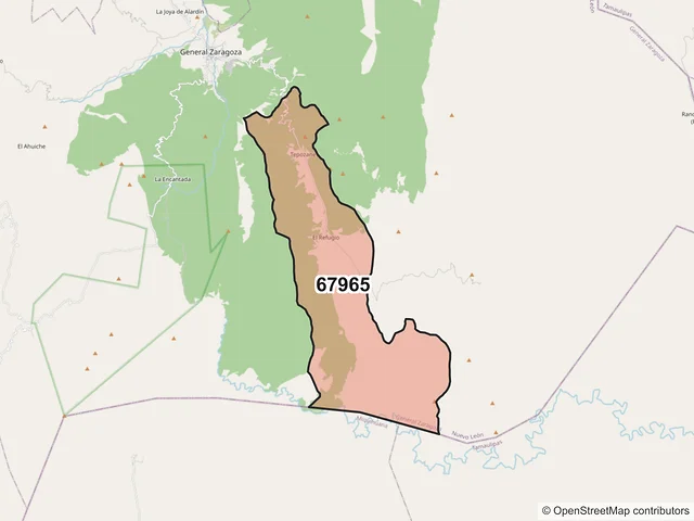 Mapa del código postal 67965, General Zaragoza, Nuevo León