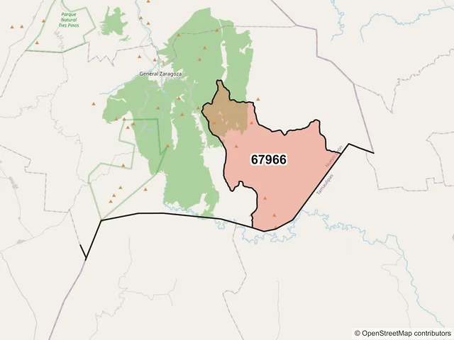 Mapa del código postal 67966, General Zaragoza, Nuevo León