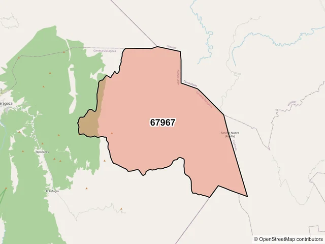 Mapa del código postal 67967, General Zaragoza, Nuevo León