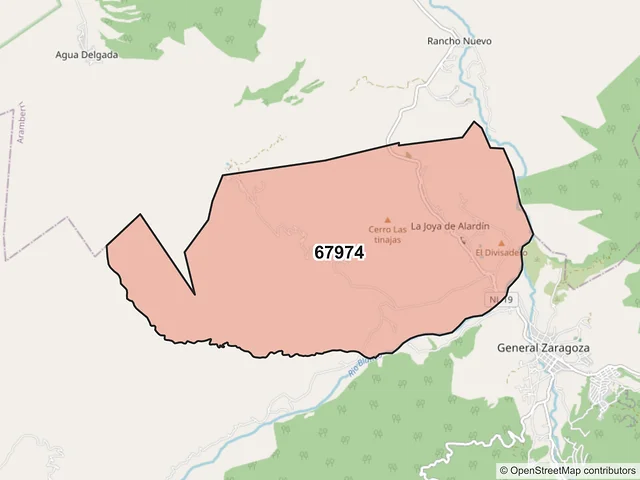 Mapa del código postal 67974, General Zaragoza, Nuevo León