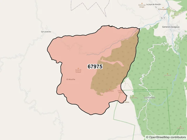 Mapa del código postal 67975, General Zaragoza, Nuevo León