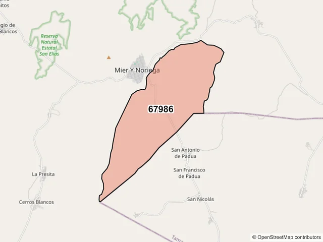 Mapa del código postal 67986, Mier y Noriega, Nuevo León