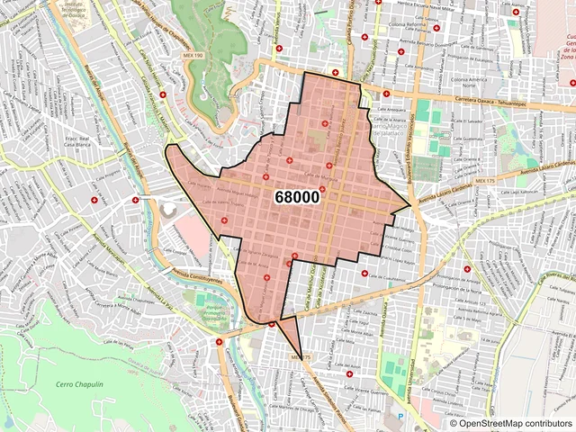 Mapa del código postal 68000, Oaxaca de Juárez, Oaxaca