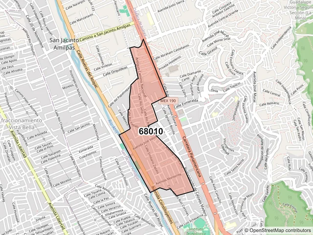 Mapa del código postal 68010, Oaxaca de Juárez, Oaxaca
