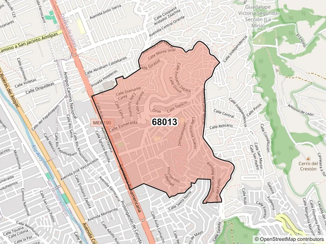 Mapa del código postal 68013, Oaxaca de Juárez, Oaxaca