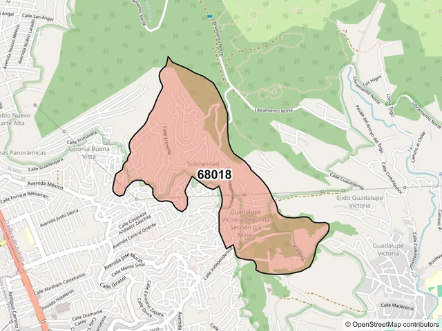 Mapa del código postal 68018, Oaxaca de Juárez, Oaxaca