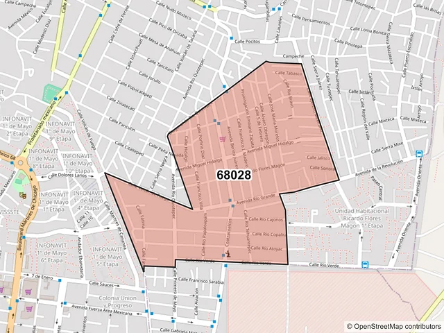Mapa del código postal 68028, Oaxaca de Juárez, Oaxaca