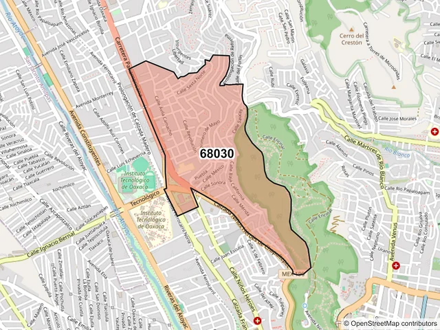 Mapa del código postal 68030, Oaxaca de Juárez, Oaxaca