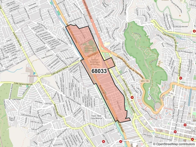 Mapa del código postal 68033, Oaxaca de Juárez, Oaxaca
