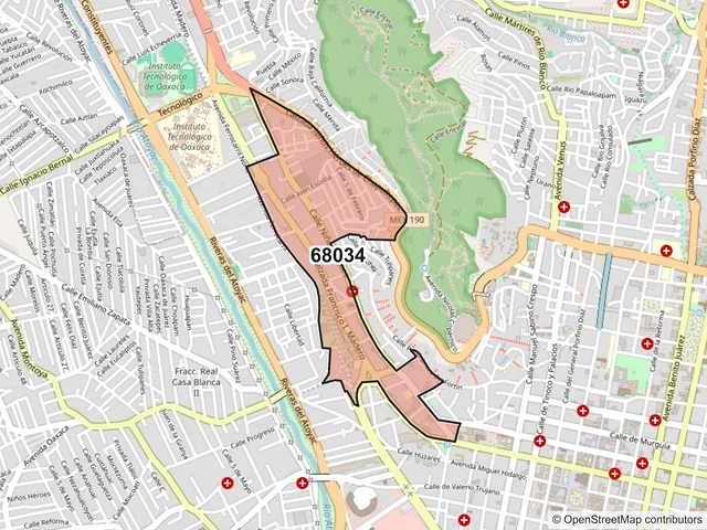 Mapa del código postal 68034, Oaxaca de Juárez, Oaxaca