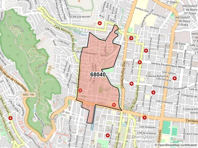 Mapa del código postal 68040, Oaxaca de Juárez, Oaxaca