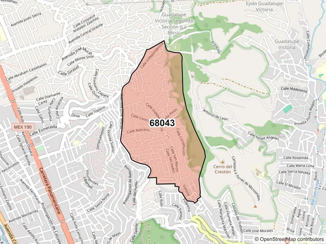 Mapa del código postal 68043, Oaxaca de Juárez, Oaxaca