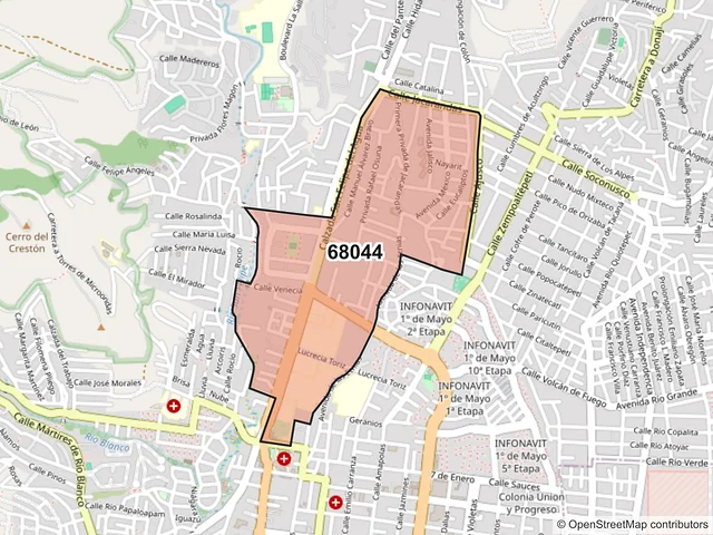 Mapa del código postal 68044, Oaxaca de Juárez, Oaxaca
