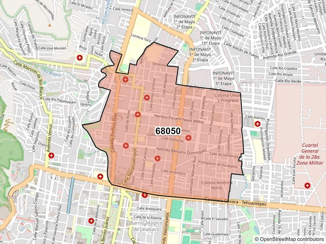 Mapa del código postal 68050, Oaxaca de Juárez, Oaxaca