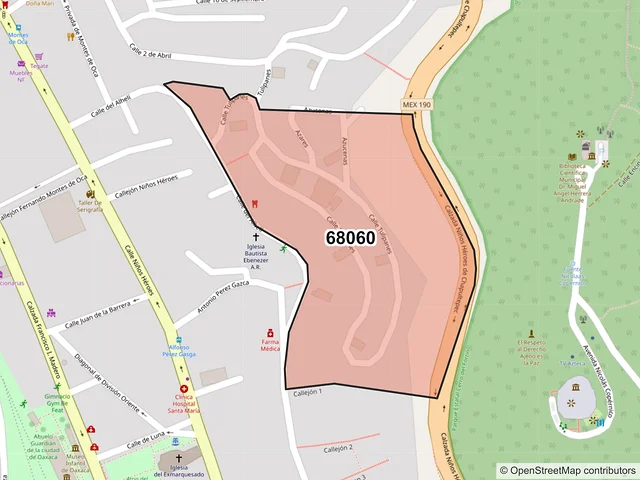 Mapa del código postal 68060, Oaxaca de Juárez, Oaxaca