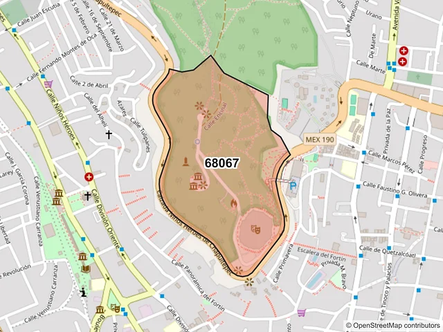 Mapa del código postal 68067, Oaxaca de Juárez, Oaxaca