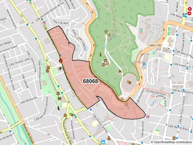 Mapa del código postal 68068, Oaxaca de Juárez, Oaxaca