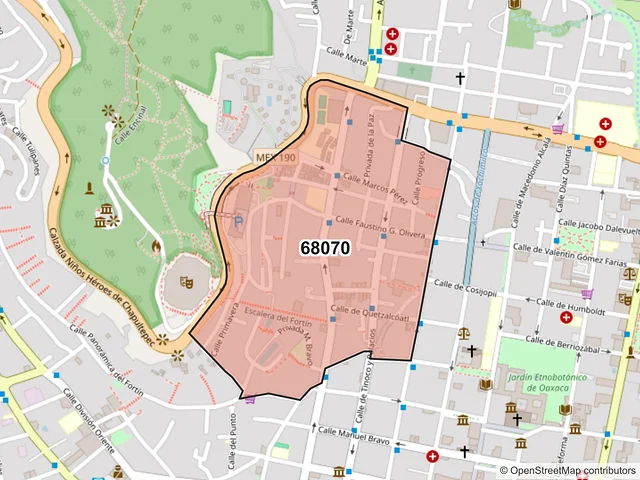 Mapa del código postal 68070, Oaxaca de Juárez, Oaxaca