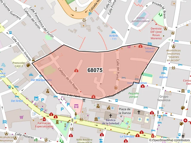 Mapa del código postal 68075, Oaxaca de Juárez, Oaxaca
