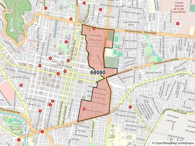 Mapa del código postal 68080, Oaxaca de Juárez, Oaxaca