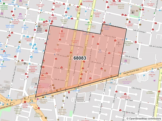 Mapa del código postal 68083, Oaxaca de Juárez, Oaxaca