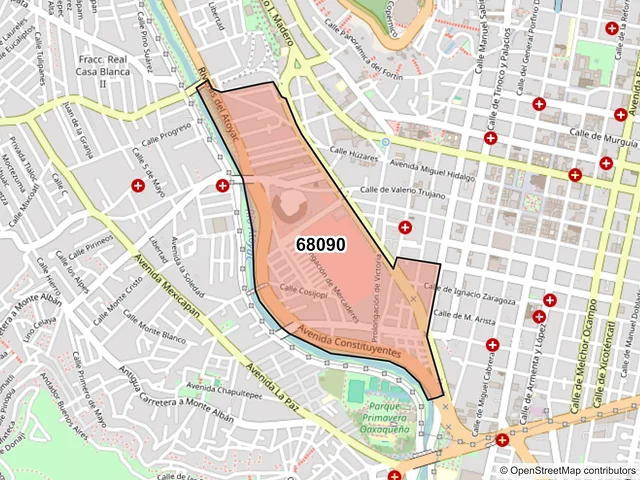 Mapa del código postal 68090, Oaxaca de Juárez, Oaxaca