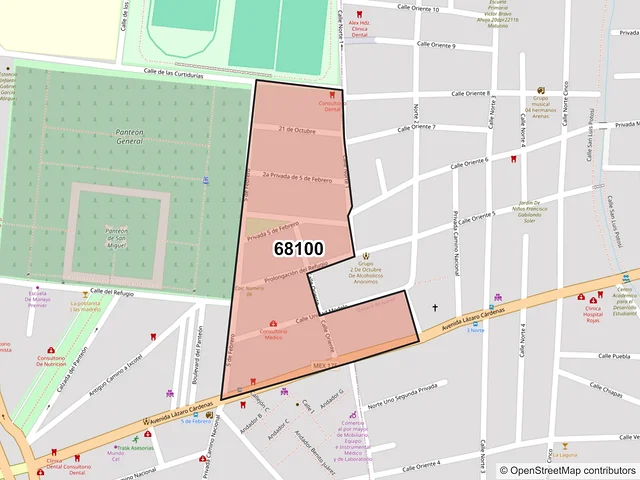 Mapa del código postal 68100, Oaxaca de Juárez, Oaxaca