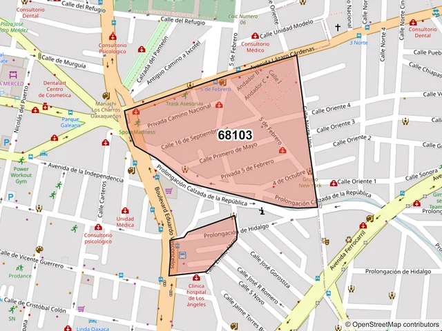Mapa del código postal 68103, Oaxaca de Juárez, Oaxaca