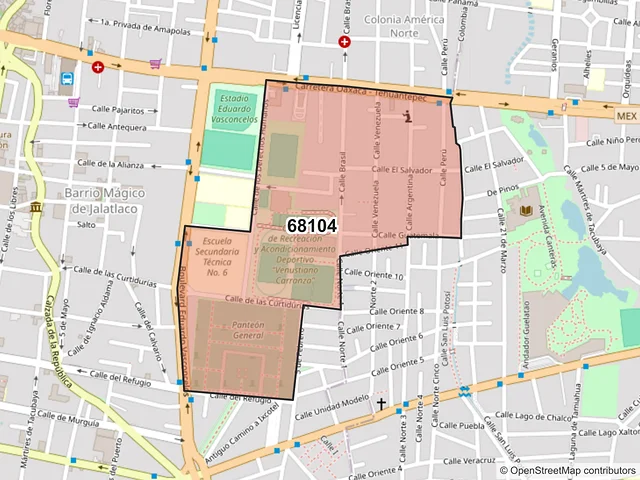 Mapa del código postal 68104, Oaxaca de Juárez, Oaxaca