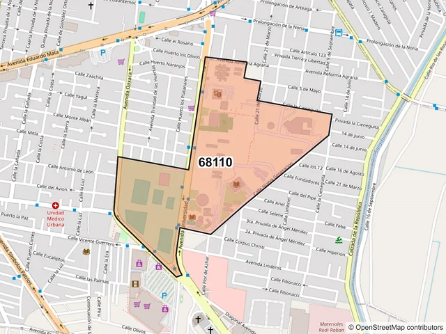 Mapa del código postal 68110, Oaxaca de Juárez, Oaxaca