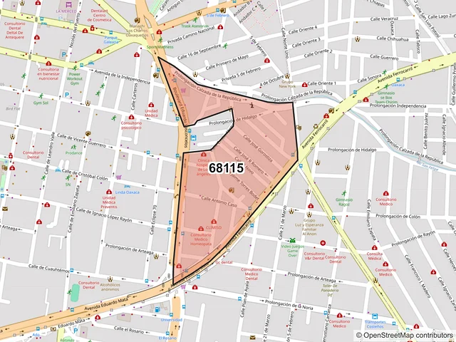 Mapa del código postal 68115, Oaxaca de Juárez, Oaxaca