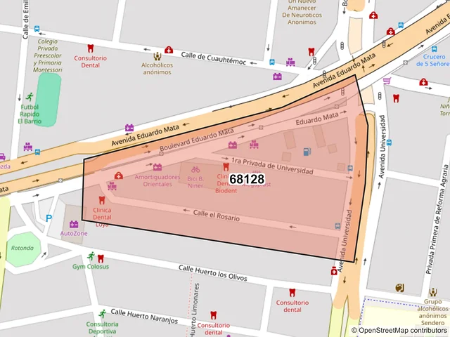 Mapa del código postal 68128, Oaxaca de Juárez, Oaxaca