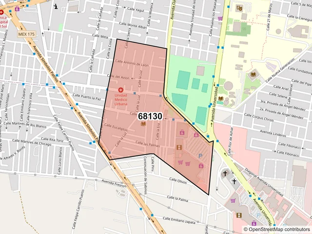 Mapa del código postal 68130, Oaxaca de Juárez, Oaxaca