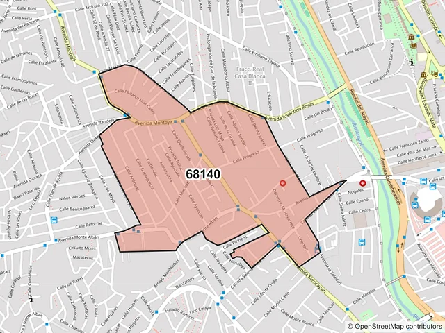 Mapa del código postal 68140, Oaxaca de Juárez, Oaxaca