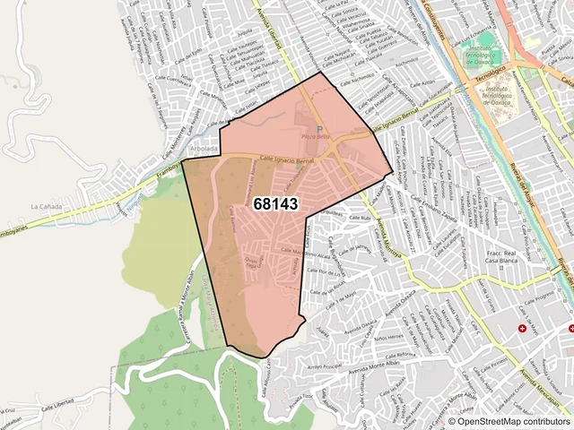 Mapa del código postal 68143, Oaxaca de Juárez, Oaxaca