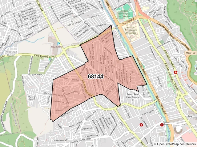 Mapa del código postal 68144, Oaxaca de Juárez, Oaxaca