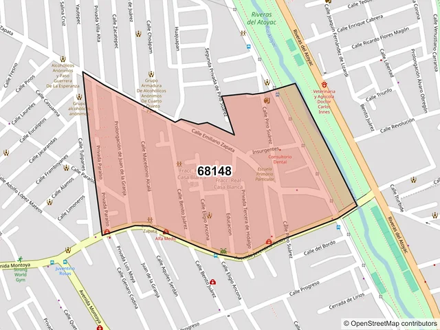 Mapa del código postal 68148, Oaxaca de Juárez, Oaxaca