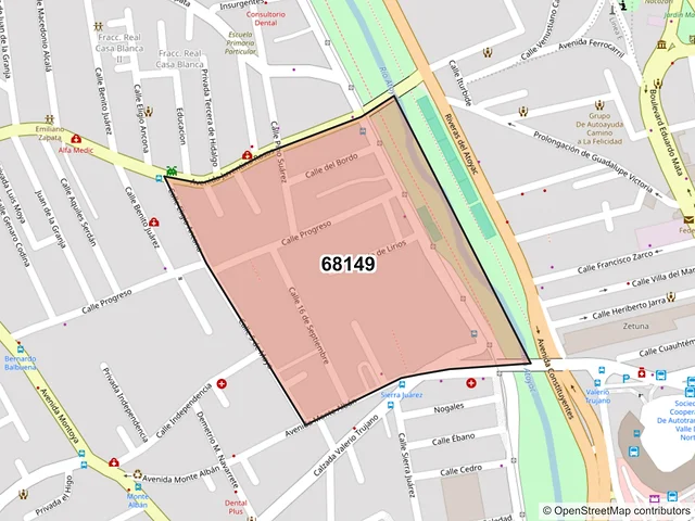 Mapa del código postal 68149, Oaxaca de Juárez, Oaxaca
