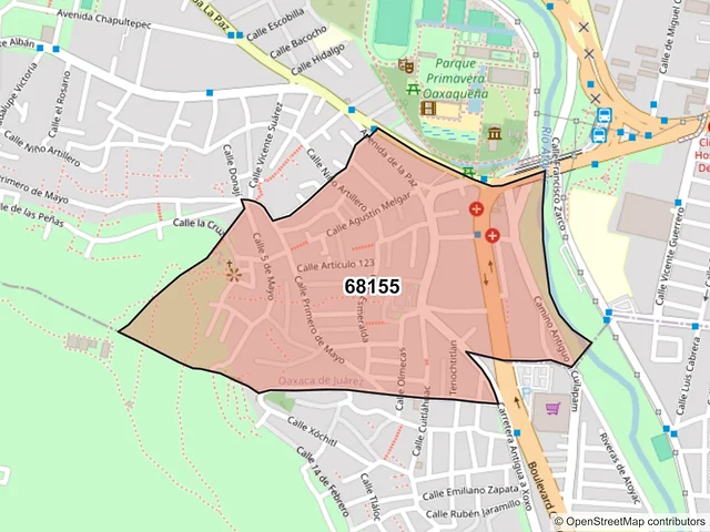 Mapa del código postal 68155, Oaxaca de Juárez, Oaxaca