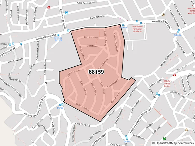 Mapa del código postal 68159, Oaxaca de Juárez, Oaxaca