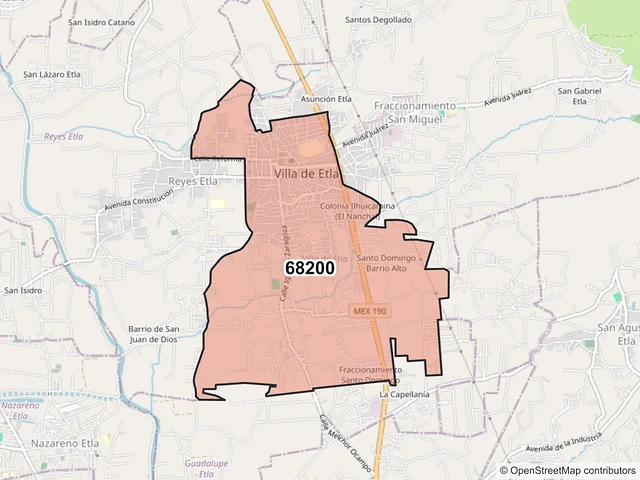 Mapa del código postal 68200, Villa de Etla, Oaxaca