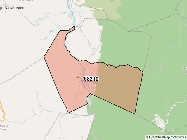 Mapa del código postal 68210, San Juan Bautista Jayacatlán, Oaxaca