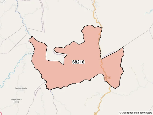 Mapa del código postal 68216, San Francisco Telixtlahuaca, Oaxaca