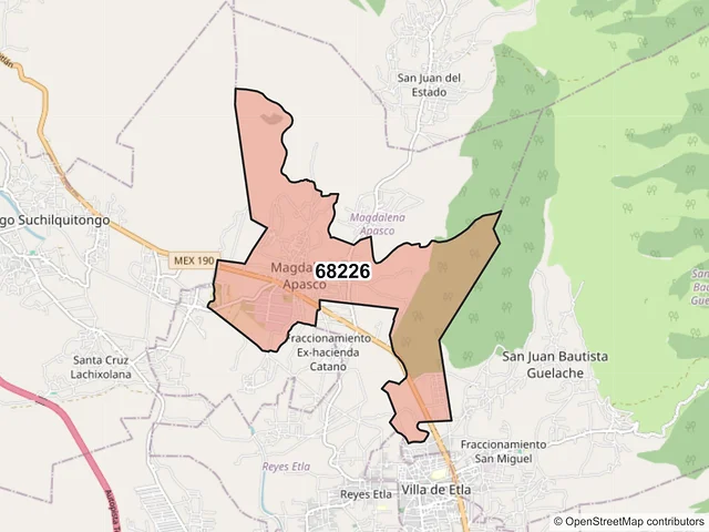 Mapa del código postal 68226, Magdalena Apasco, Oaxaca
